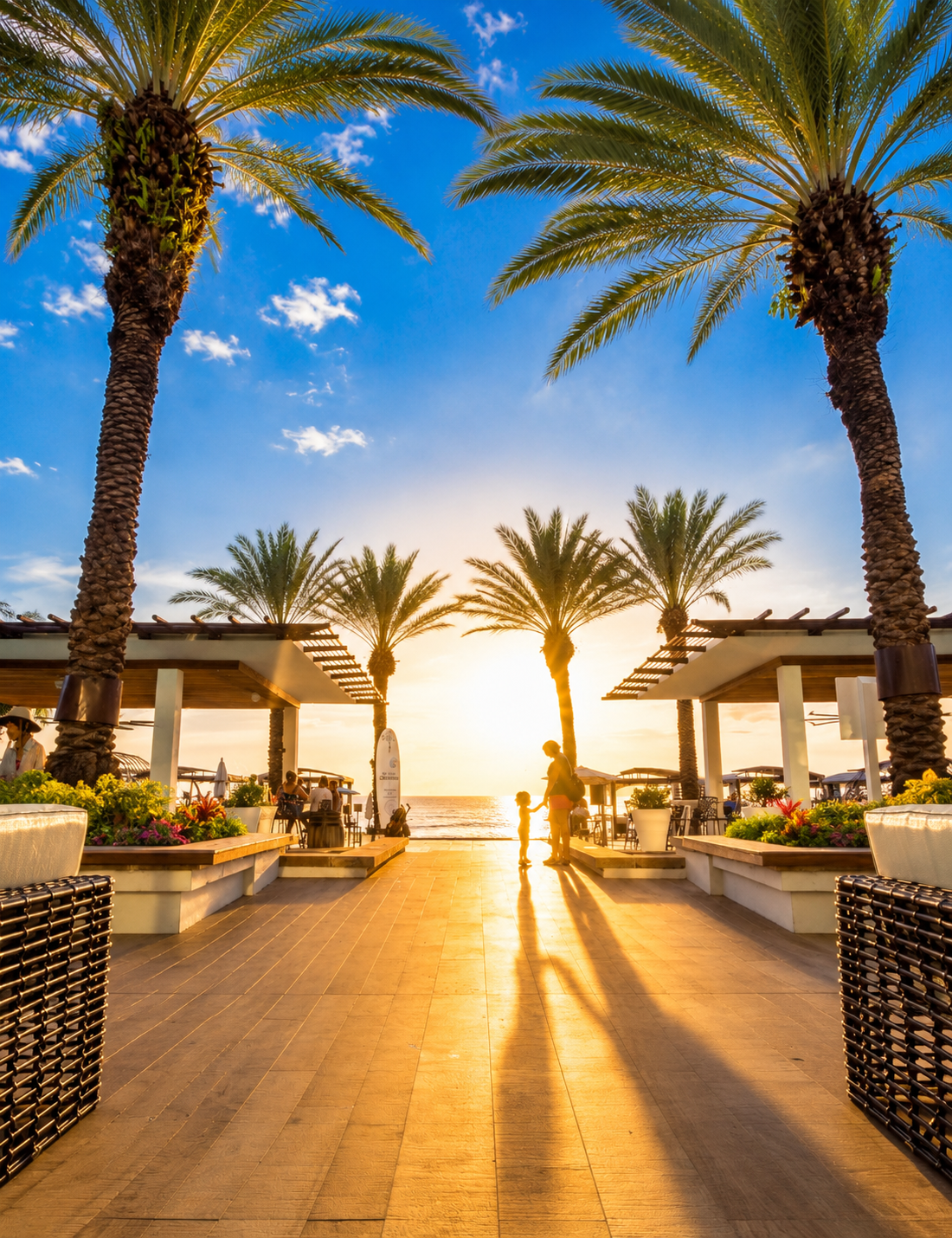 Beautiful tropical resort surrounded by palm trees